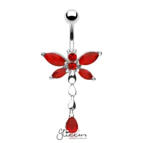 316L Surgical Steel Cubic Zirconia Dragonfly Dangle Belly Ring-Red