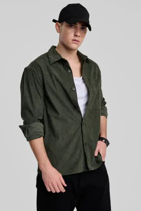 Dark Green Textured Corduroy Overshirt