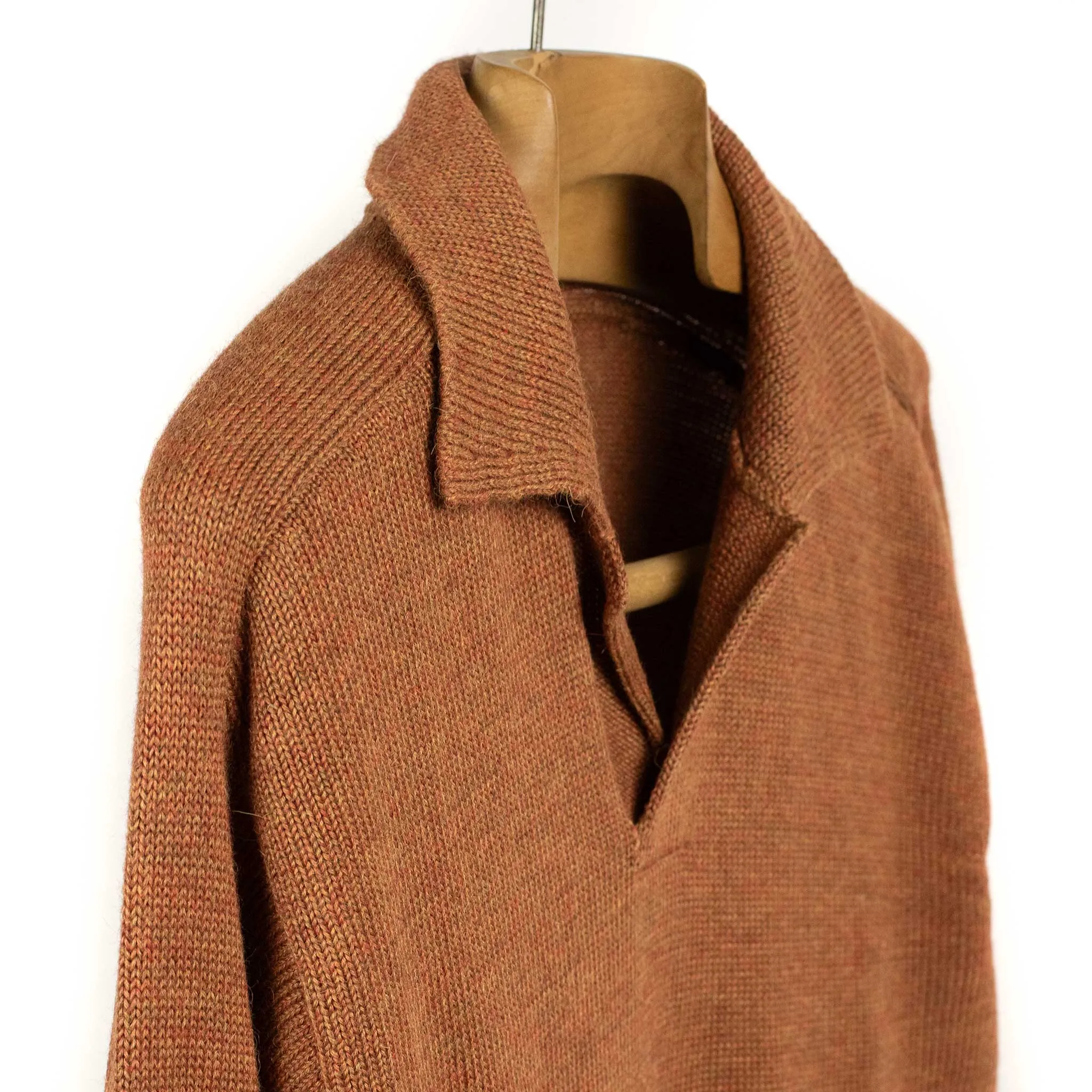 Long sleeve saddle shoulder polo in Rust Marl alpaca and silk