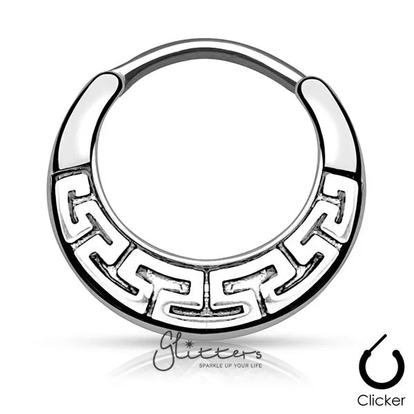 Maze Tribal Fan Design Surgical Steel Round Septum Clicker-Rhodium