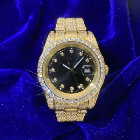 Moissanite Presidential Watch | Black Face | 41MM | 13.3CT Iced Out | 14K Yellow Gold