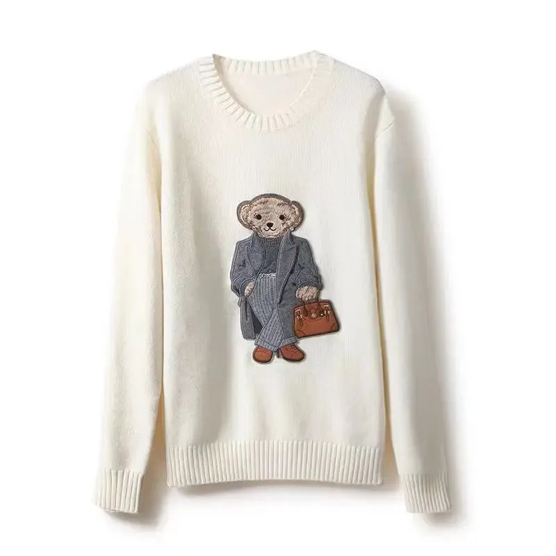 New Fall/Winter Pullover Ralph Women's Sweater O-Neck Bear Embroidery Stylish Casual Loose Knit Women's Lauren Sweater Jacket