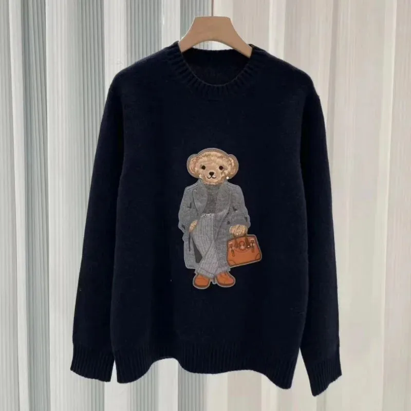 New Fall/Winter Pullover Ralph Women's Sweater O-Neck Bear Embroidery Stylish Casual Loose Knit Women's Lauren Sweater Jacket