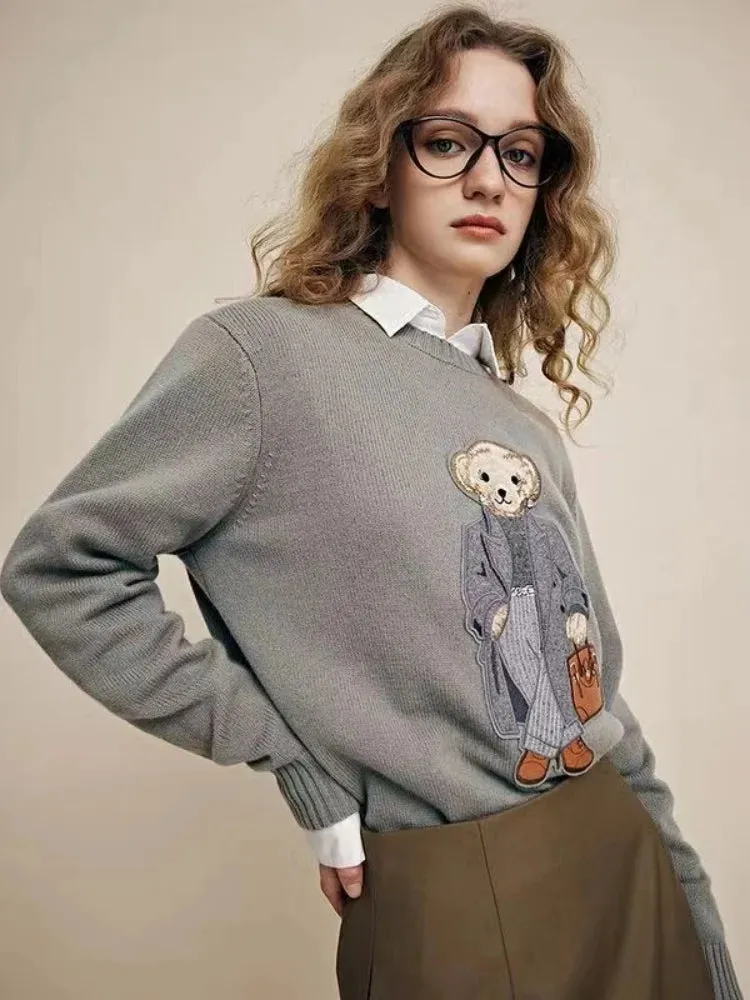 New Fall/Winter Pullover Ralph Women's Sweater O-Neck Bear Embroidery Stylish Casual Loose Knit Women's Lauren Sweater Jacket