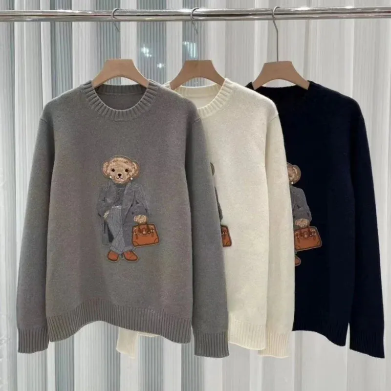 New Fall/Winter Pullover Ralph Women's Sweater O-Neck Bear Embroidery Stylish Casual Loose Knit Women's Lauren Sweater Jacket