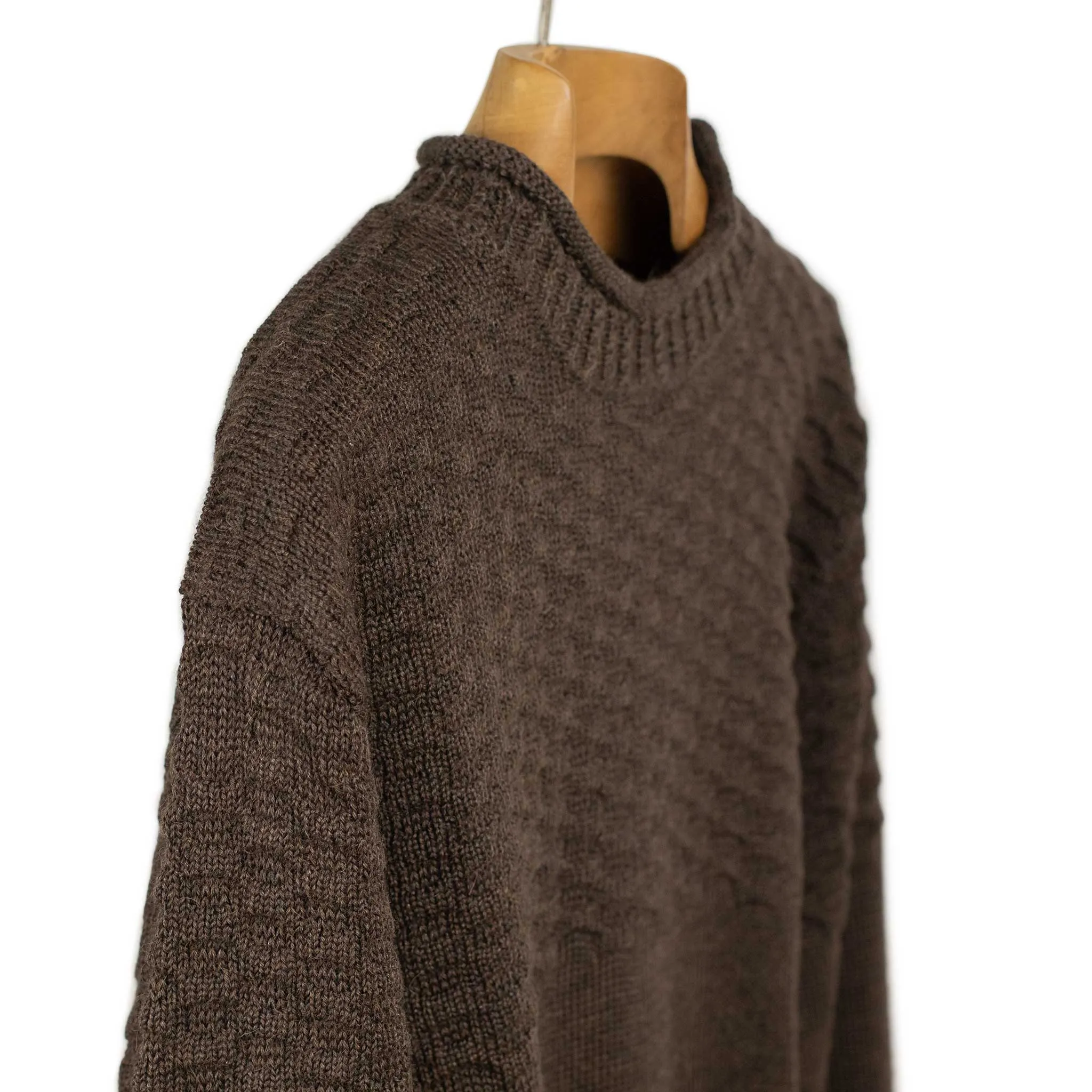 Seafoam stitch gansey sweater in brown alpaca and silk