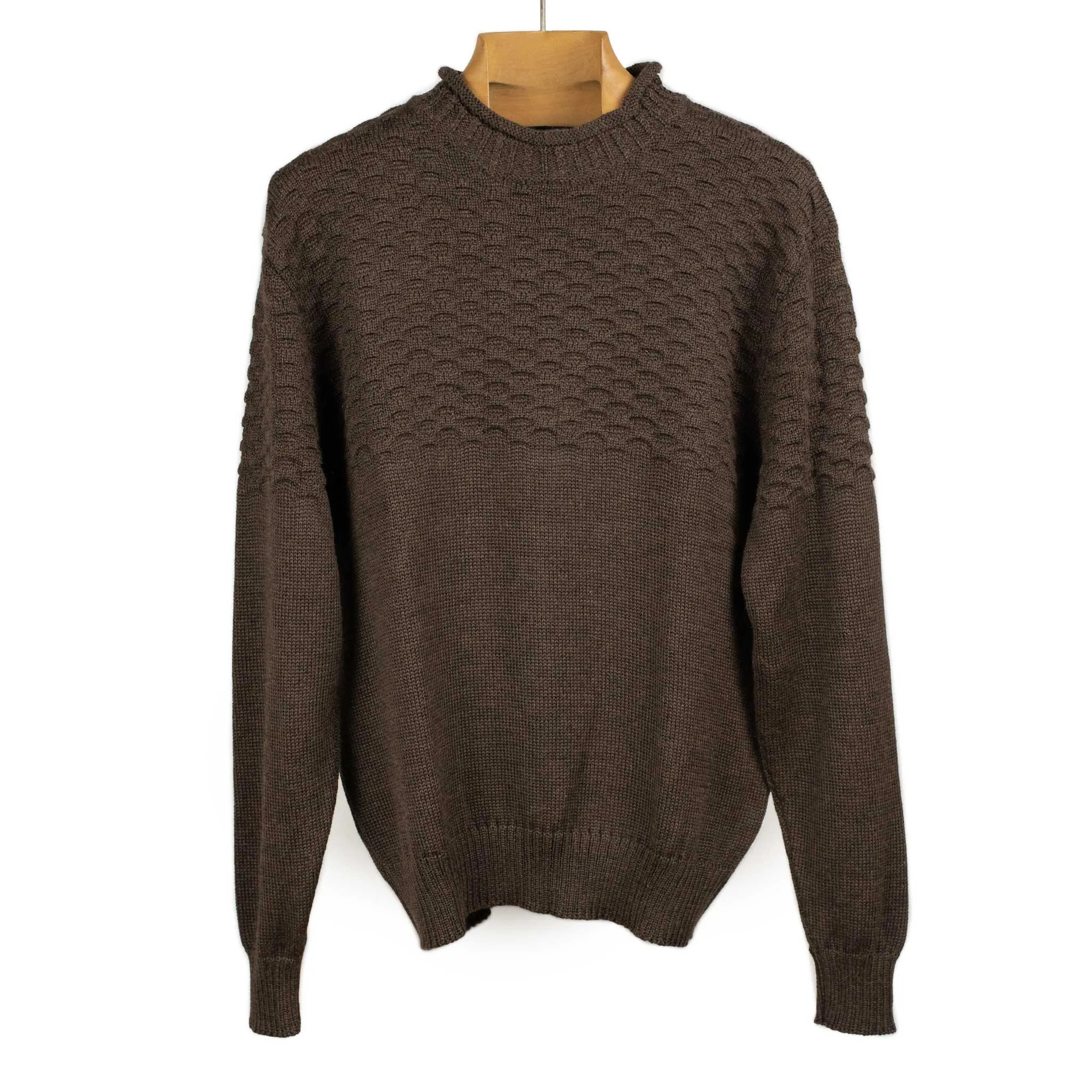 Seafoam stitch gansey sweater in brown alpaca and silk