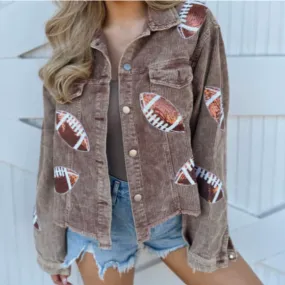 SEQUIN FOOTBALL CROPPED CORDUROY JACKET - MOCHA