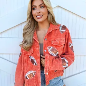 SEQUIN FOOTBALL CROPPED CORDUROY JACKET - ORANGE