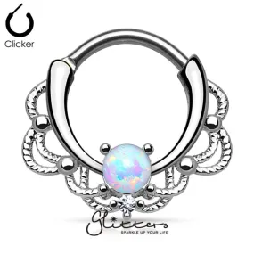 Single White Opal Lacey Decoration Septum Clicker Ring