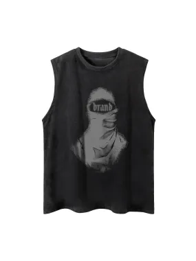 Thesupermade  Retro Distressed Character Print Street Rap Vest